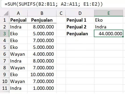Rumus SUMIFS menggunakan kondisi Or.