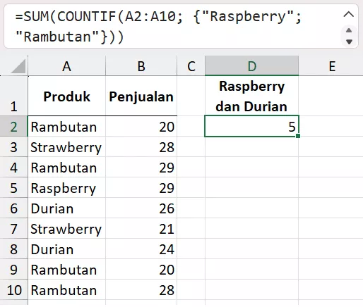 Perhitungan COUNTIF dengan logika Or.