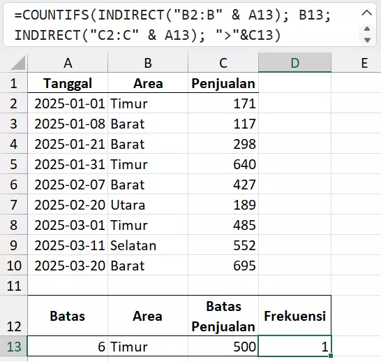 Rumus COUNTIFS dengan INDIRECT untuk membuat rentang dinamis.