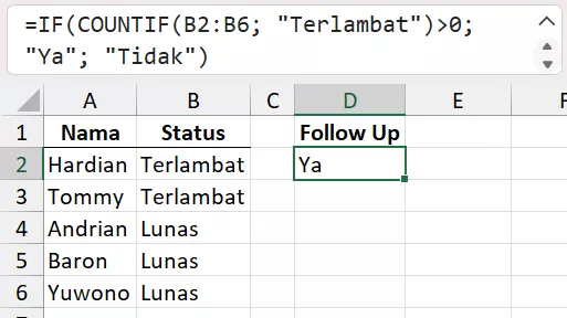 Kombinasi COUNTIF dan IF untuk menghasilkan notifikasi otomatis