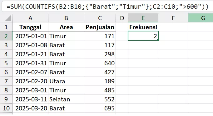 Rumus COUNTIFS dengan Kriteria Or