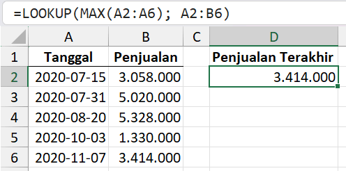 Mencari penjualan terakhir dengan rumus LOOKUP array.
