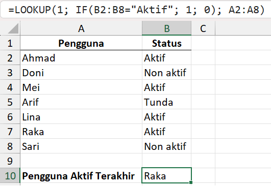 Rumus LOOKUP dengan kriteria: Mencari user aktif terakhir.