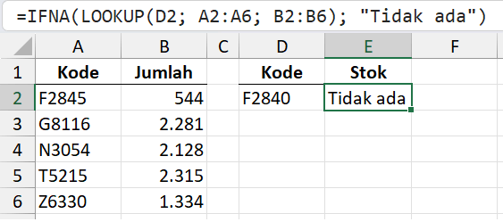 Rumus LOOKUP dengan IFNA untuk menangkap error.