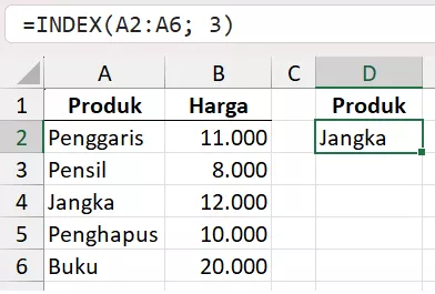 Rumus INDEX mengambil nilai berdasarkan nomor baris.