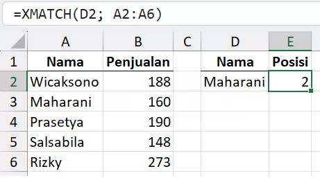 Rumus dasar XMATCH untuk mencari nama.