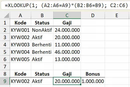 Mencari data karyawan berdasarkan id + status (multi kriteria).