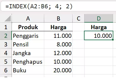 Rumus INDEX mengambil nilai berdasarkan baris dan kolom.