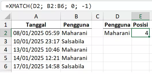 Rumus XMATCH untuk reverse search atau pencarian terbalik.
