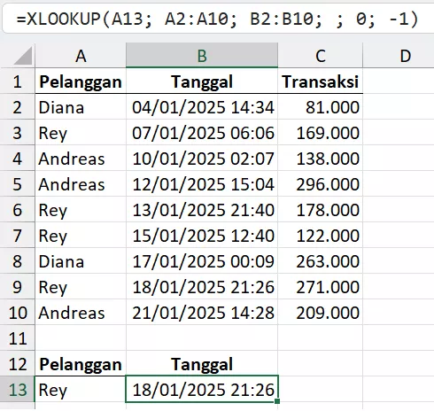 Mencari transaksi terbaru (reverse search mode).