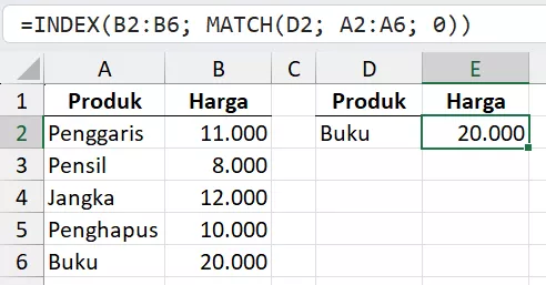 Kombinasi INDEX + MATCH untuk lookup fleksibel.
