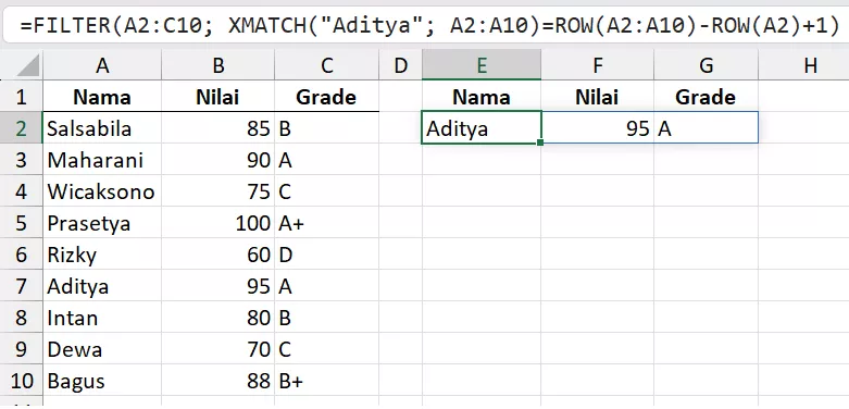 Penyaringan baris secara otomatis dengan FILTER dan XMATCH.