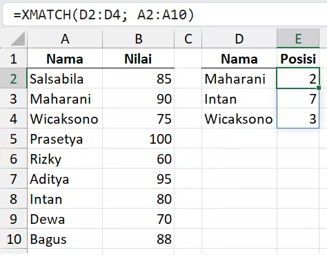 Rumus XMATCH mengembalikan beberapa hasil sekaligus.