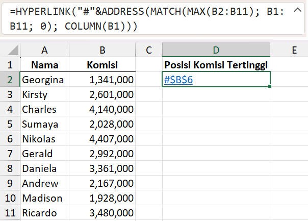 Gambar 01. Mencari angka terbesar dengan rumus MAX, MATCH, ADDRES, dan HYPERLINK.