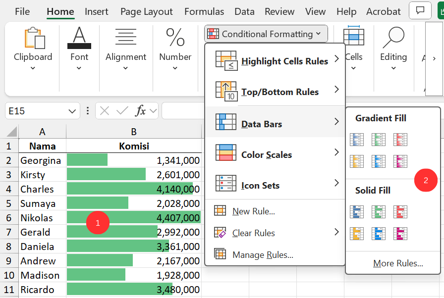 Gambar 03. Mencari angka terbesar dengan conditional formatting data bars.