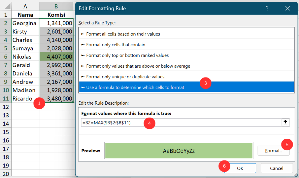 Gambar 04. Mencari angka terbesar dengan conditional formatting rumus.
