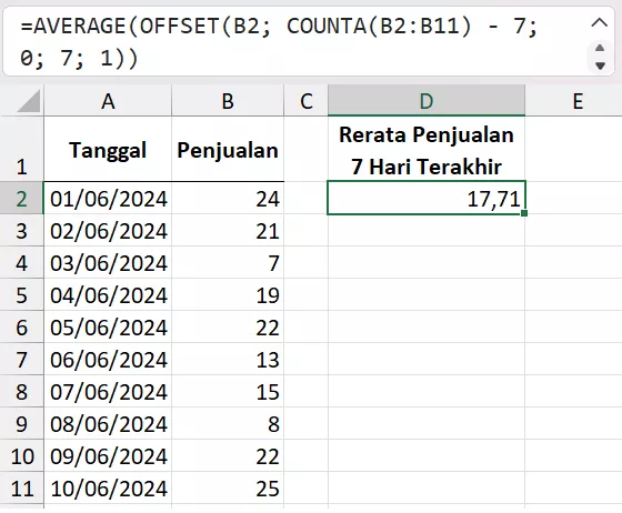 Kombinasi OFFSET dan AVERAGE menghitung rata-rata bergulir 7 hari terakhir