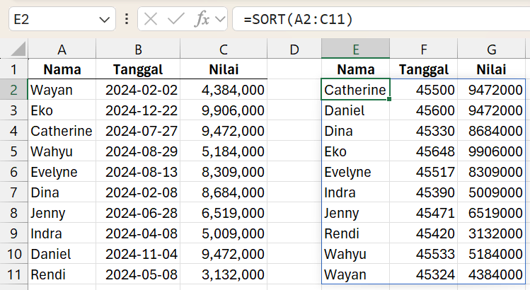 Gambar 01. Bentuk Dasar Fungsi SORT pada Excel.