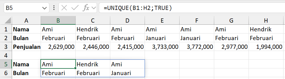 Gambar 02. Rumus UNIQUE untuk data horisontal.