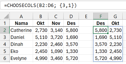 Gambar 03. Mengambil beberapa kolom dengan CHOOSECOLS.