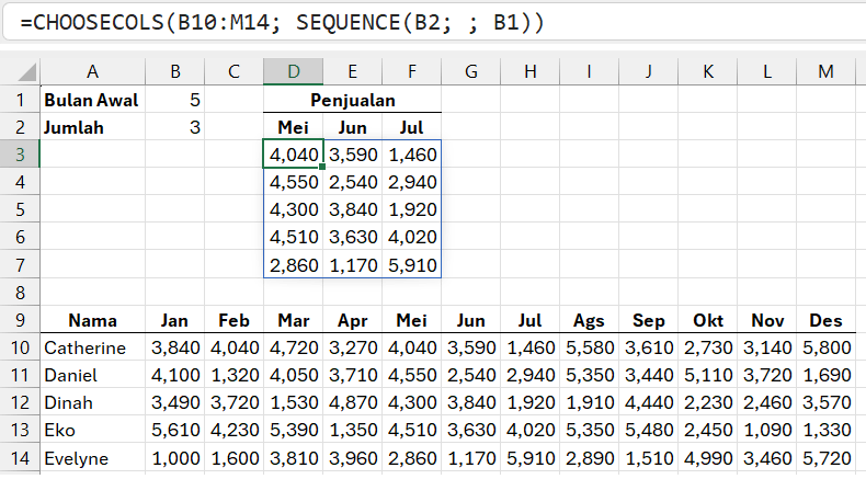 Gambar 04. Mengambil beberapa kolom dengan fungsi CHOOSECOLS dan SEQUENCE.