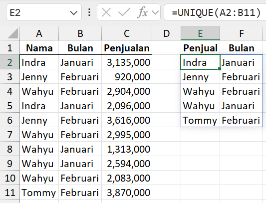 Gambar 04. Rumus UNIQUE untuk beberapa kelompok data dalam beberapa kolom.