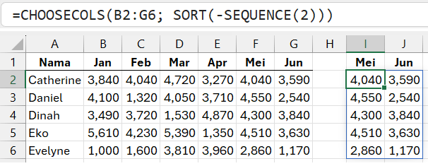 Gambar 06. Mengambil beberapa kolom terakhir dengan CHOOSECOLS.