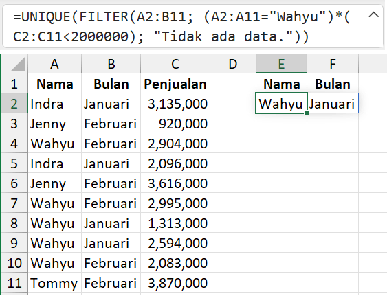 Gambar 07. Rumus UNIQUE dengan dua atau lebih kriteria.