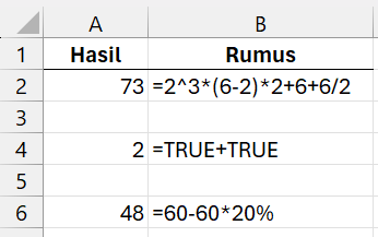 Gambar 01. Operator aritmetika di dalam rumus Excel.
