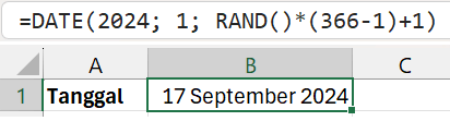 Gambar 04. Fungsi RAND di Excel untuk membuat tanggal acak.