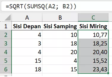 Menghitung sisi miring rumus phytagoras dengan SUMSQ.