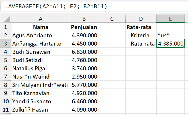 Menggunakan wildcard dengan rumus AVERAGEIF.