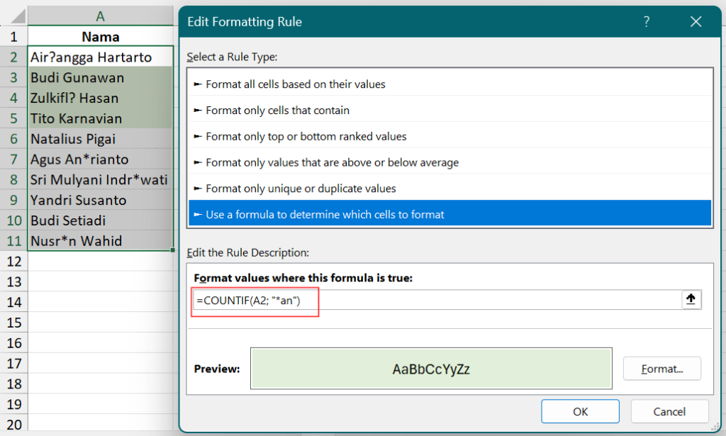 Menggunakan wildcard di Conditional Formatting.