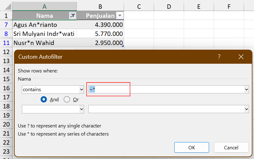 Pencarian di tabel Excel dengan wildcard.