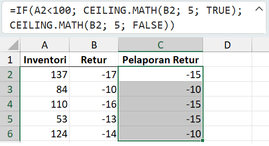 Menghitung penyesuaian retur dengan rumus CEILING.MATH.