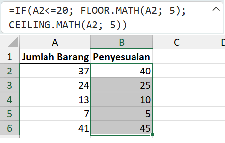 Menghitung penyesuaian besaran paket dengan CEILING.MATH dan FLOOR.MATH.