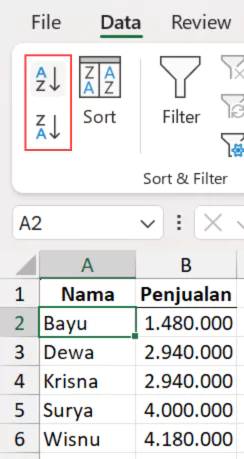 Mengurutkan data di Excel dengan perintah Sort.