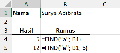 Bentuk dasar rumus FIND Excel.