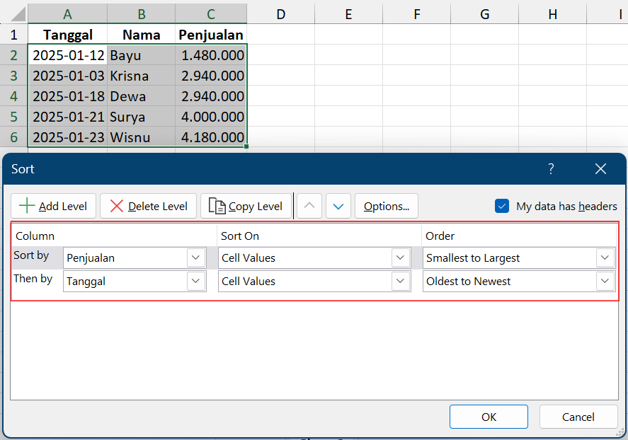Mengurutkan data dengan perintah Custom Sort.