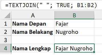 Menggabungkan nama depan dan nama belakang dengan TEXTJOIN Excel.