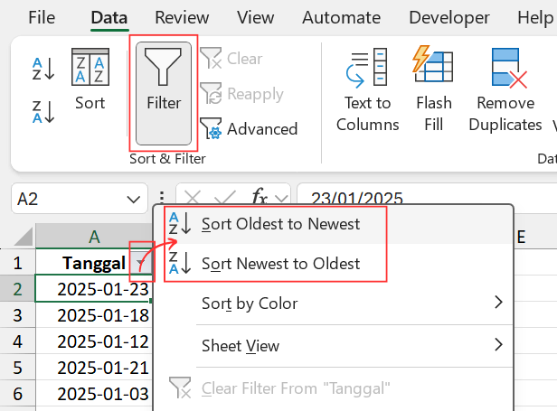 Mengurutkan data dengan perintah Filter.