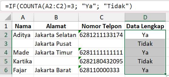Memeriksa kelengkapan data dengan COUNTA.