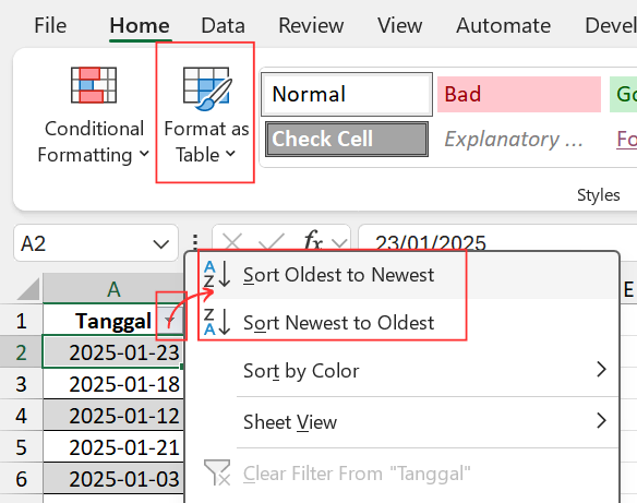 Mengurutkan data dengan tabel data.