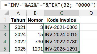 Membuat nomor invoice di Excel dengan rumus TEXT.