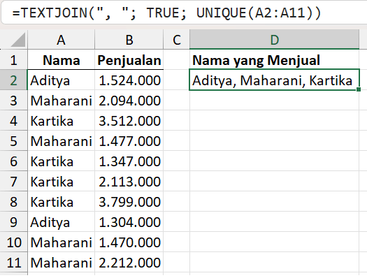 Mencari dan menggabungkan data unik dengan TEXTJOIN.