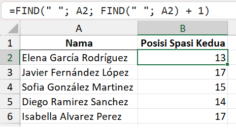 Mengambil spasi kedua dengan rumus FIND.