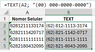 Memformat nomor seluler dengan format standar.