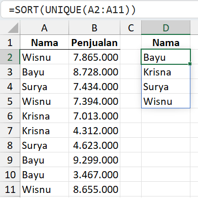 Menyaring dan mengurutkan data dengan kombinasi UNIQUE dan SORT.