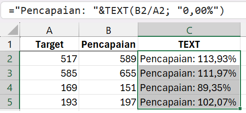 Menggabungkan hasil TEXT dengan teks lain.