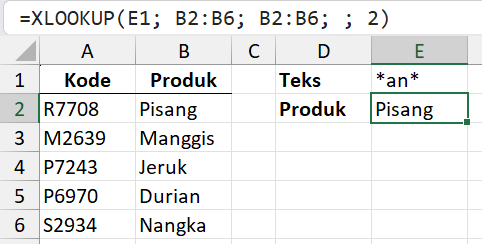 XLOOKUP menggunakan pencarian wildcard.